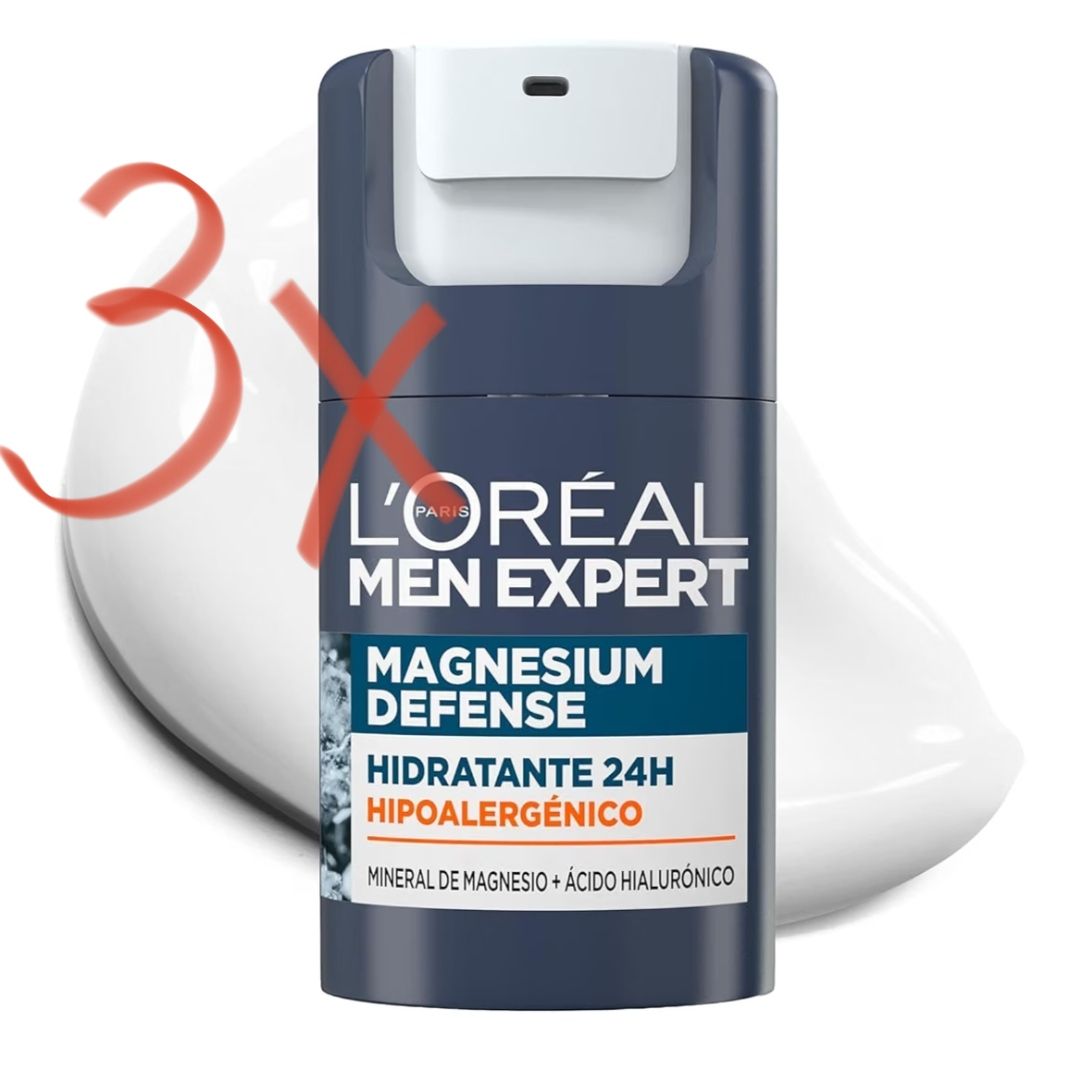 3 x L'Oréal Men Expert Crema facial Hidratante 24H, Hombre, Mineral de Magnesio + Ácido Hialurónico, Sin alcohol, Pieles Sensibles, 50 ml