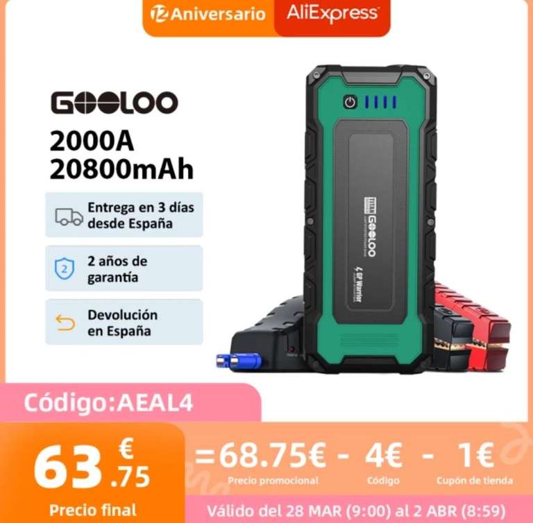 GOOLOO - arrancador de batería portátil para coche, 20800mAh, 2000A, 12V (desde España)