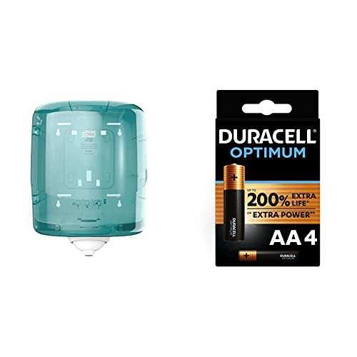 Tork Reflex Sola Hoja dispensador Centrefeed Turquoise + Duracell - Pilas alcalinas Optimum AA, 1.5 Voltios LR6 MX1500, Paquete de 4