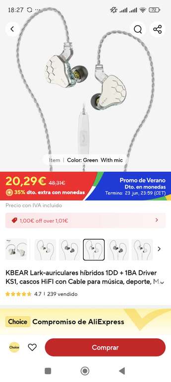 Auriculares Kbear Lark con micrófono. 35% con monedas