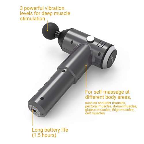 medisana MG 500 Pro Pistola de masaje con 4 cabezales de masaje y 3 potentes niveles de vibración Auto-masaje para hombro, pecho, espalda