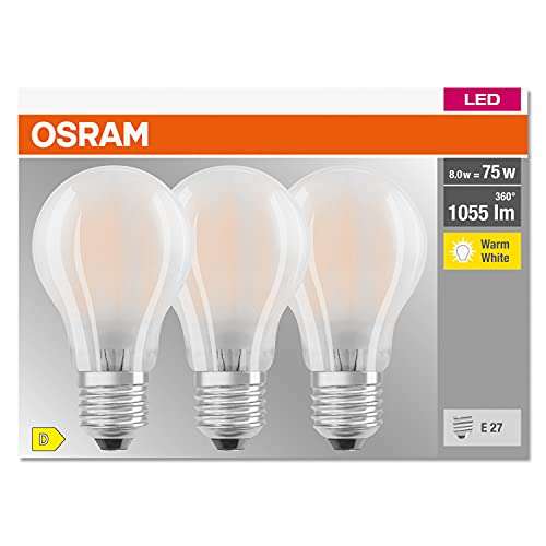 OSRAM LED Classic A75, LED de filamento esmerilado de vidrio para E27, Blanco cálido (2700K), 1055 lúmenes, equivalente 75W, caja de 3