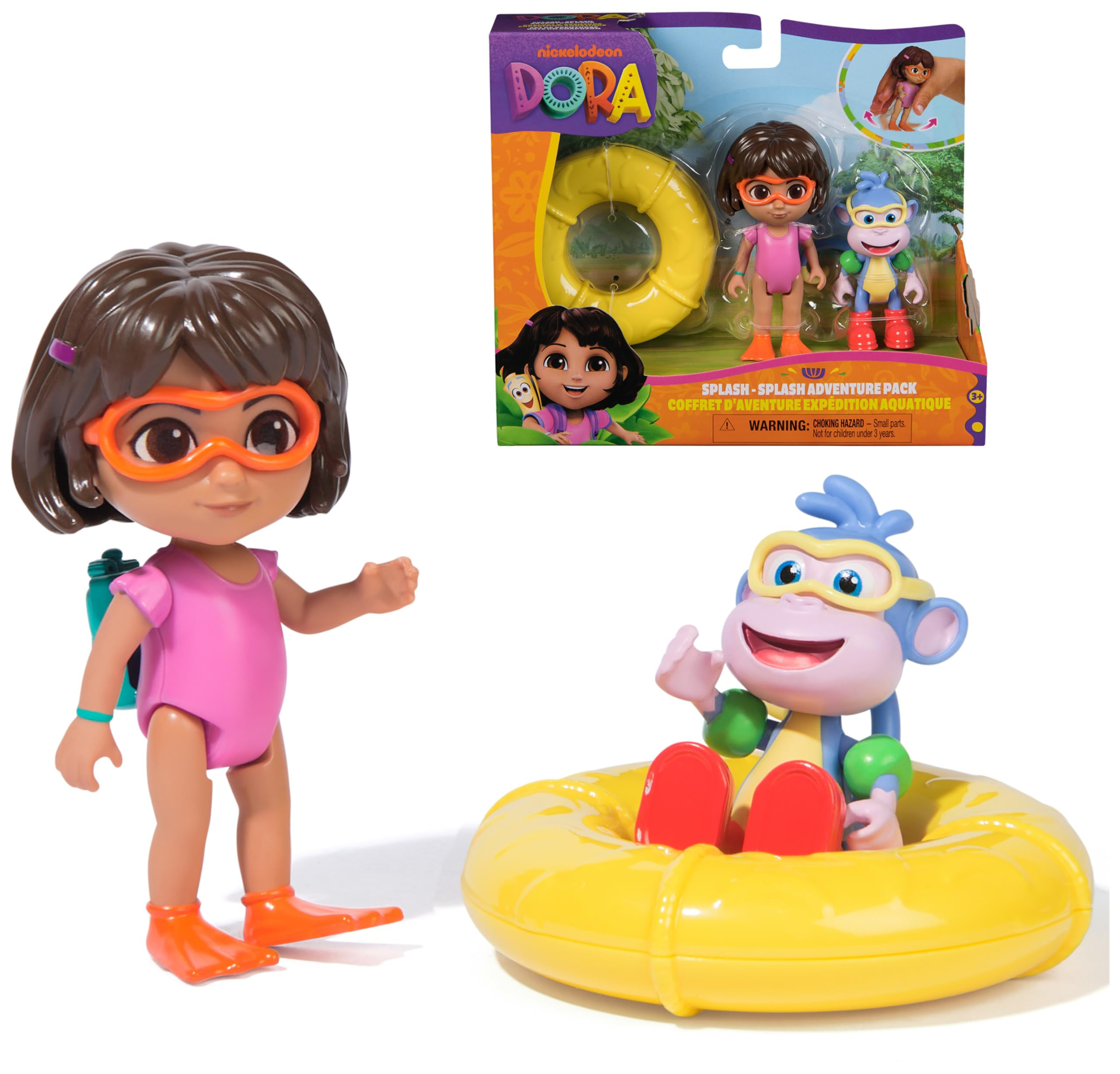 DORA LA EXPLORADORA - Pack de Aventura Acuática Dora y Botas: 2 Figuras Articuladas + Flotador de Juguete