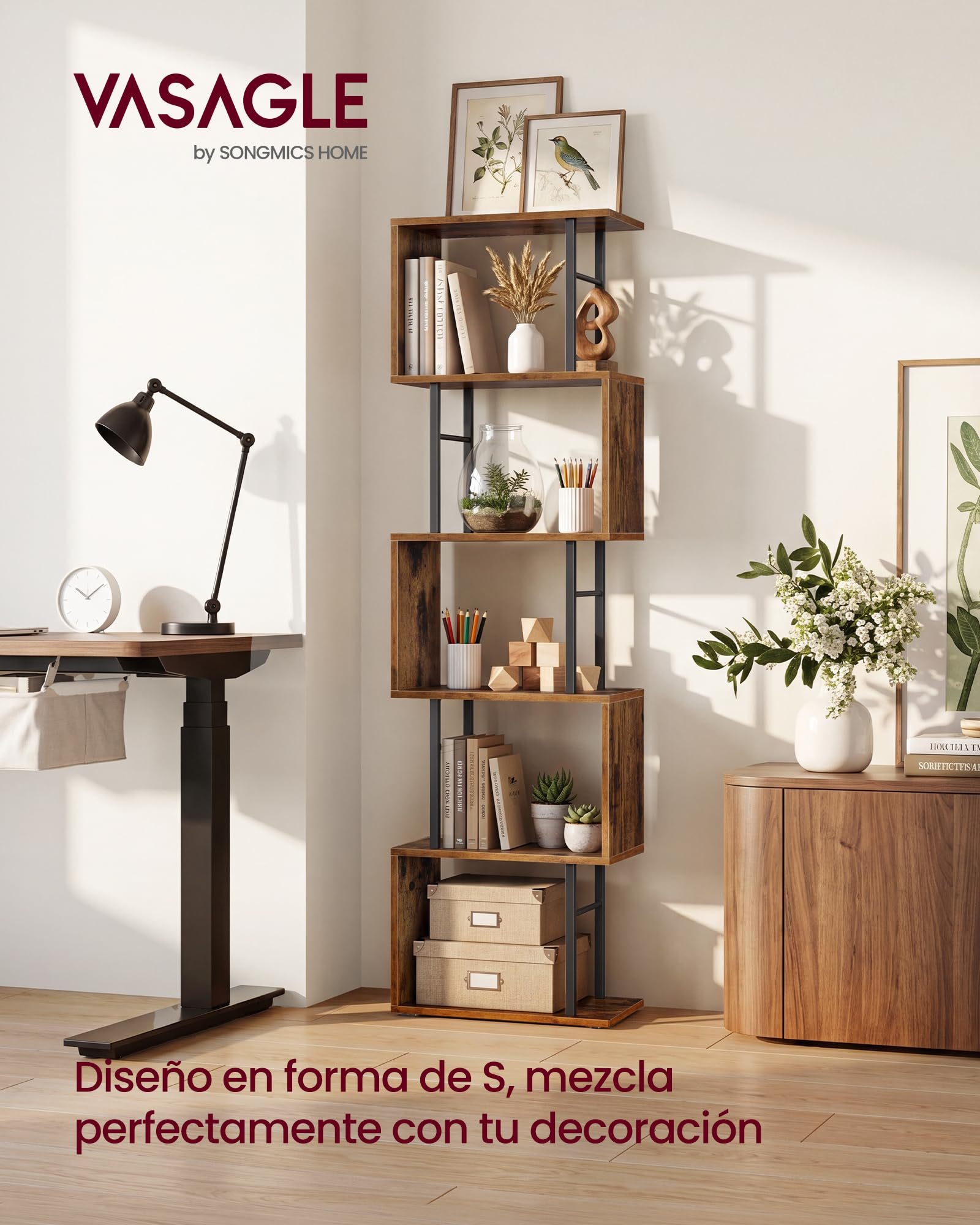 Estantería de 6 Niveles, Libreria Estanteria en Forma de S, Estante de Madera y Acero, 38 x 24 x 157,2 cm