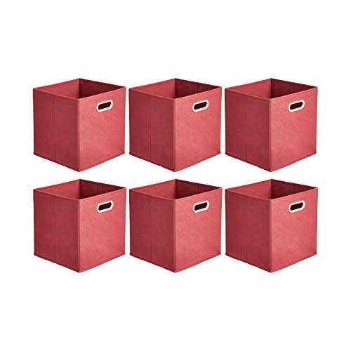 Amazon Basics - Cajas de almacenamiento de tela, con forma de cubo, plegables, con ojales metálicos, 6 unidades, rojo