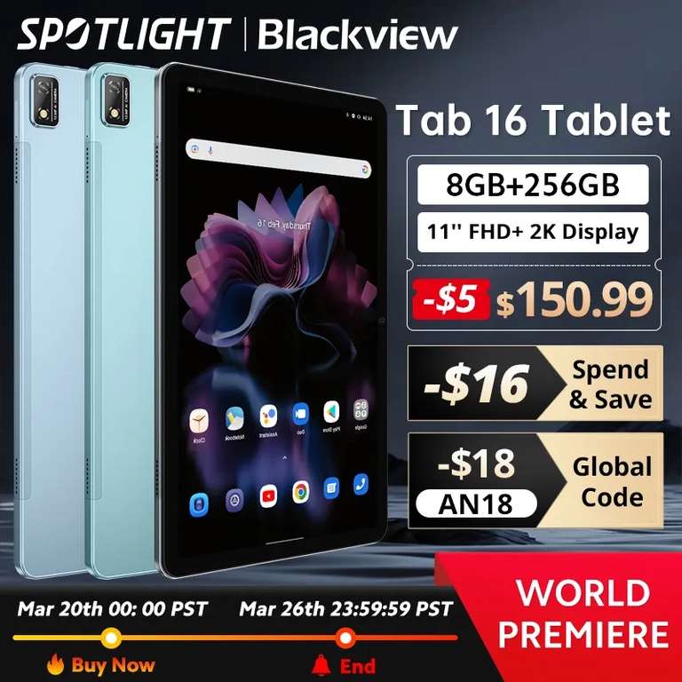 Blackview-Tableta con Android, 8GB + 256GB, 11 ", 2k FHD + pantalla, batería de 7680 mAh, Widevine L1 Unisoc T616