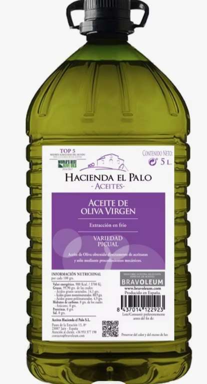 5 litros aceite de oliva virgen variedad Picual, procedencia Jaén
