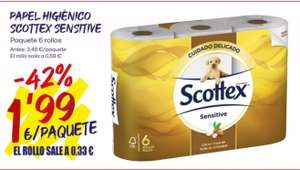 Papel higiénico Scottex Sensitive con leche de almendras pack de 6 rollos x 1,99€