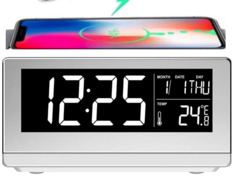 Despertador Inves con carga inalámbrica. Alarma con función Snooze. Visor LCD con calendario, reloj y termómetro.