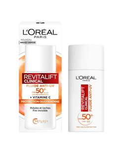 L'Oréal Paris - Fluido Anti-UV FPS 50+ Vitamina C + E + Ácido Hialurónico - Manchas, Arrugas y Tono Irregular - Acabado Invisible 50ml
