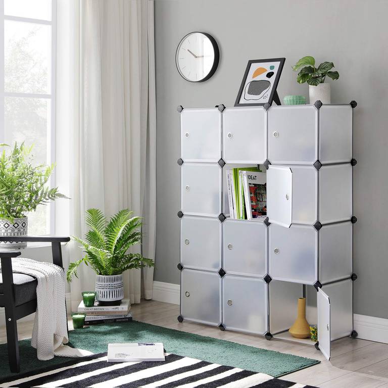 SONGMICS Estantería Modular, Armario Modular de 12 Cubos, Estantería de Plástico con Puertas, para Zapatillas, Ropa, Libros