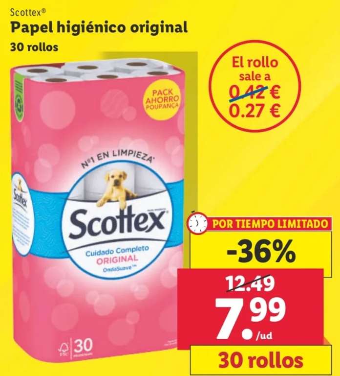 Papel higiénico Scottex original 30 rollos (a 0,27€ el rollo) en Lidl