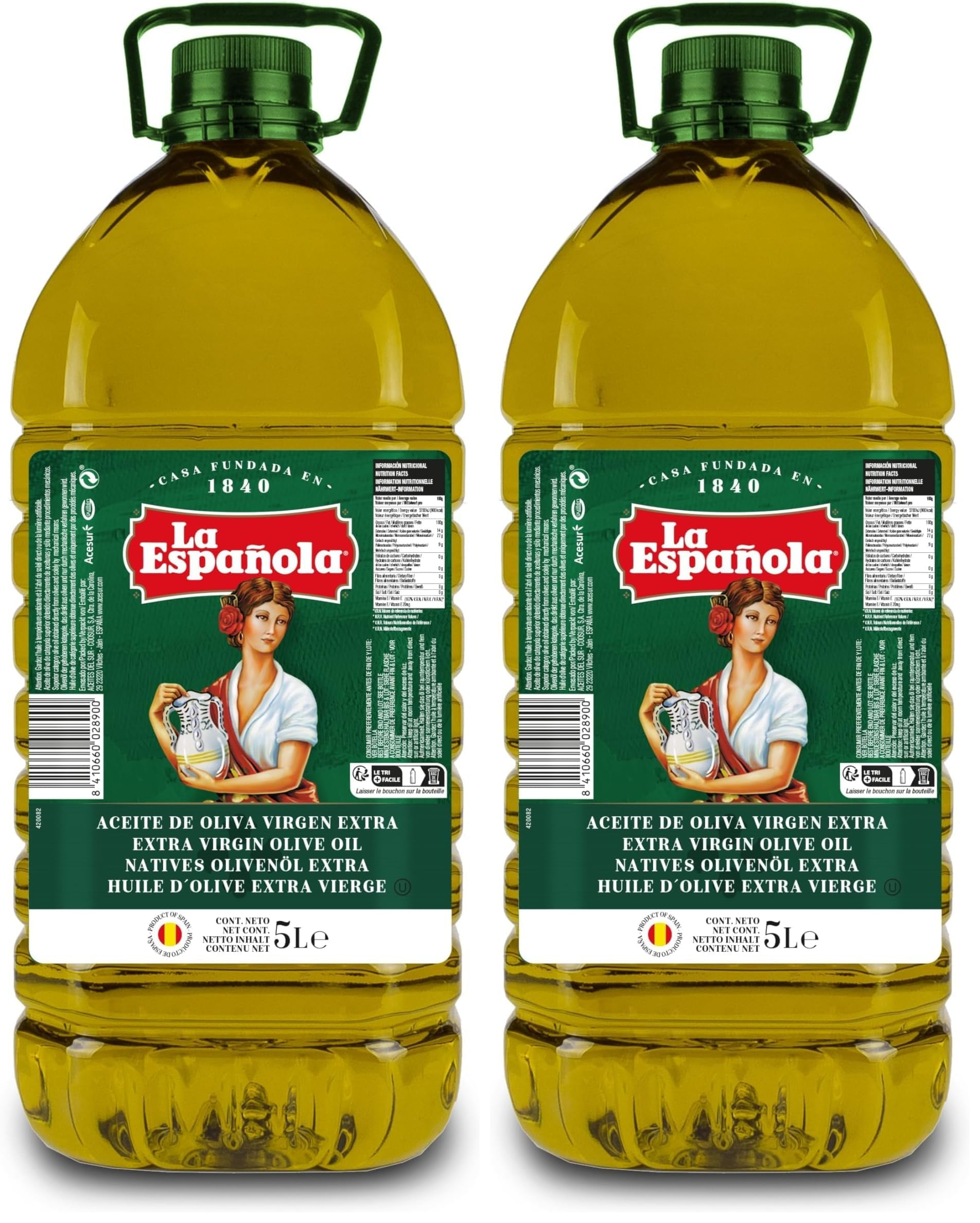 LA ESPAÑOLA Aceite de Oliva Virgen Extra Selección Mediterránea Garrafa 5L, AOVE de Sabor Equilibrado Ideal para Cocinar y Crudo Paquetede 2