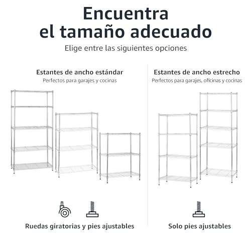 Amazon Basics Unidad de almacenamiento con 5 estantes estrechos, altura de las baldas ajustable y patas ajustables para nivelar