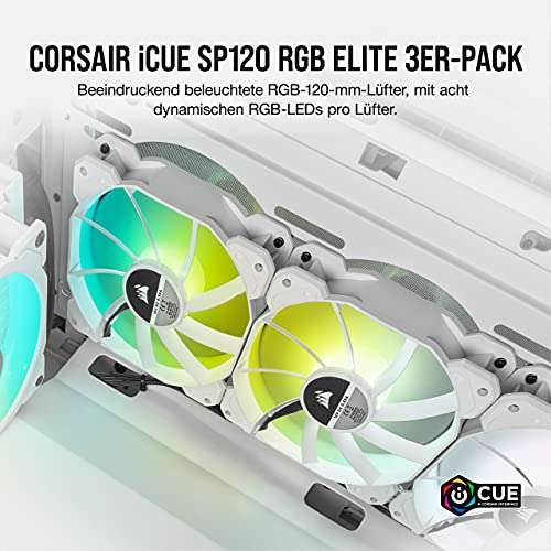 3 X Corsair iCUE SP120 RGB ELITE 120mm PWM; Set de tres ventiladores con iCUE Lighting Node CORE, Tecnología CORSAIR AirGuide, LED RGB