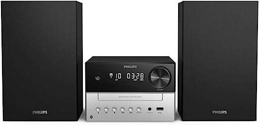Phillips Audio M3205/12 Minicadena de Música con CD y USB y Bluetooth, Radio FM, MP3-CD, Puerto USB para Carga, 18 W, Altavoces Bass Reflex
