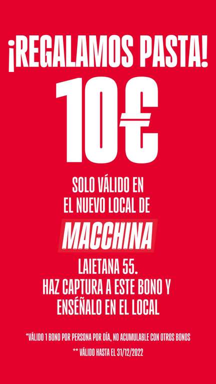 Macchina Pasta Bar Barcelona - 10 euros para gastar en Via Laietana 55 (Barcelona)