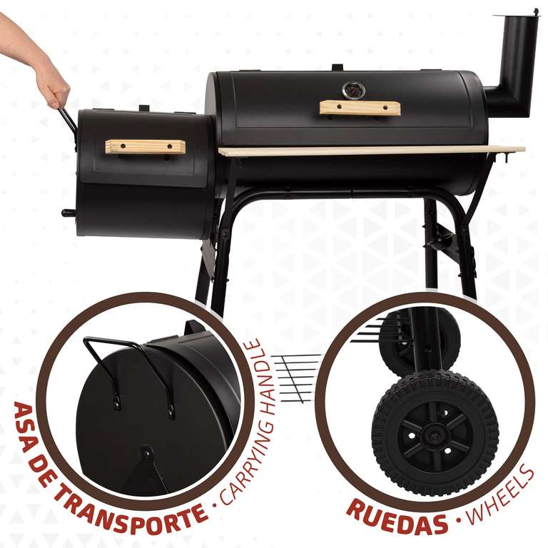 Barbacoa de carbón con termómetro y ahumador 116x61x106 cm | Incorpora sistema de ventilación y chimenea | 2 ruedas para fácil transporte