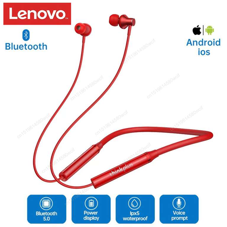 Lenovo-auriculares HE05 Bluetooth 5,0, dispositivo resistente al agua IPX5, con banda magnética para el cuello. Rojo y Negro