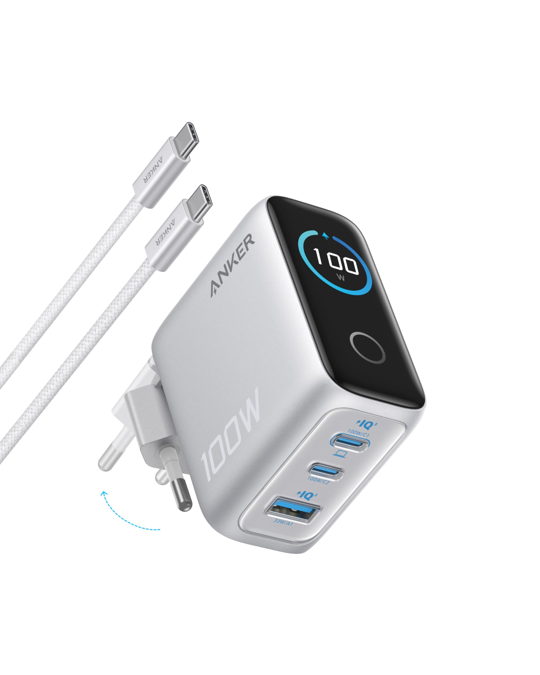 Cargador Anker GaN 100W (3 Puertos, Pantalla Inteligente Digital, Control por Toque, Carga Rápida Mac/iPad/iPhone 17)