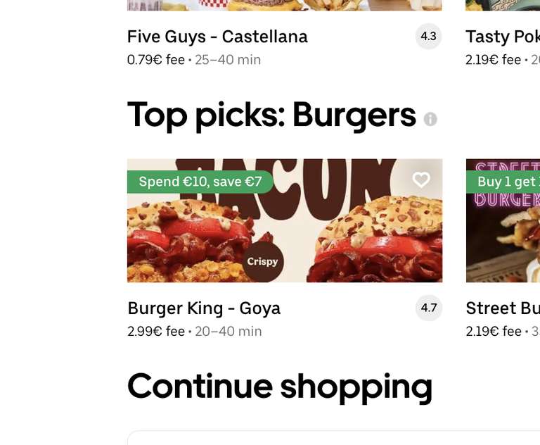 UBER EATS - Gasta 10€ Ahorra 7€ en Burger King y otros