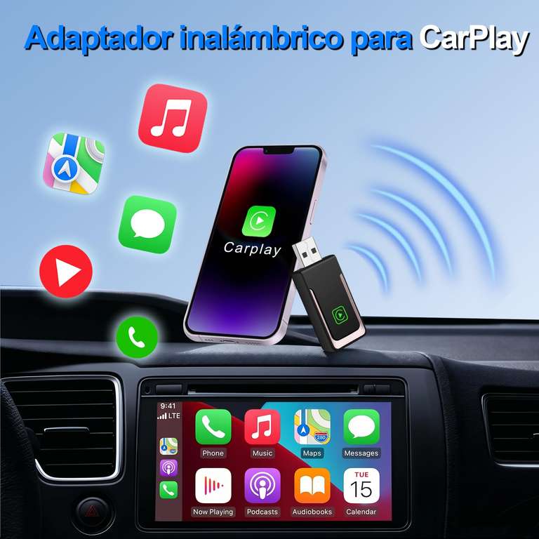 Pashlysh Adaptador CarPlay Inalámbrico Para IPhone Con IOS 10+, Compatible Con Coches Desde 2016, Plug & Play, Cable Trenzado, Luces Ajustables, Tamaño Compacto