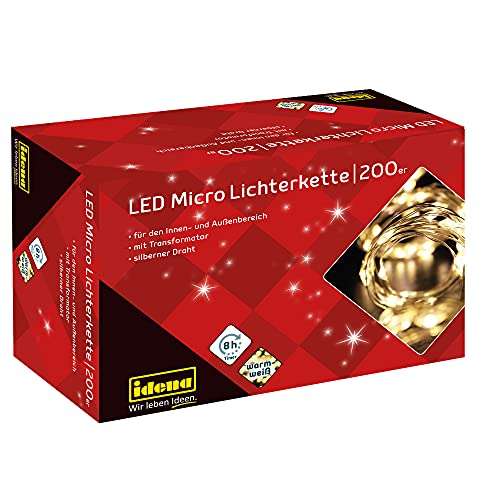Idena 31857 - Microcadena de luces LED con 200 LED en blanco cálido, función de temporizador de 8 horas, enchufe y transformador.