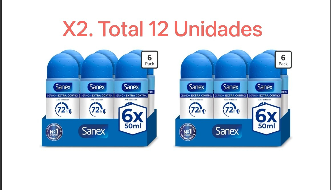 X2. Total 12 Unidades. Sanex Dermo+ Extra Control, Desodorante Antitranspirante Roll-On, 6x50ml Roll-on antitranspirante 72h, 0% Alcohol.