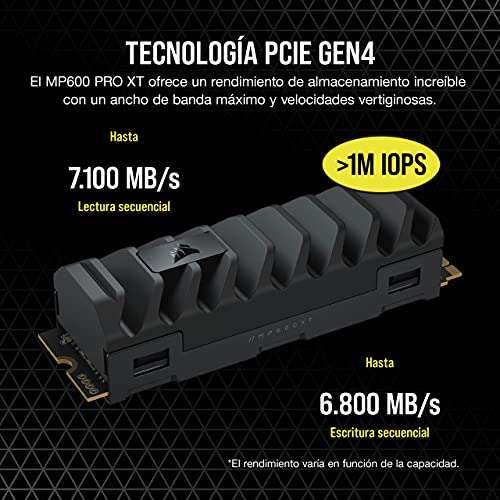 Corsair MP600 PRO XT 2TB Gen4 PCIe x4 NVMe M.2 SSD (Velocidades de Lectura Secuencial de hasta 7.100 MB/s y de Escritura de 6.800 MB/s