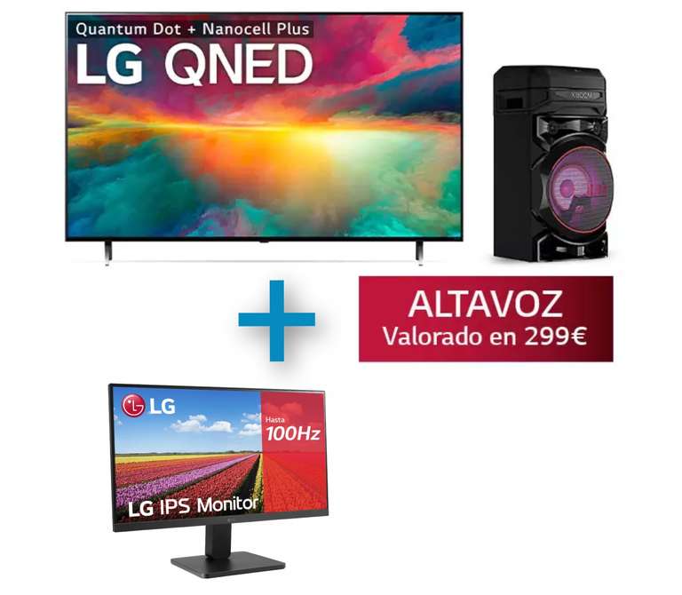 TV 65" LG QNED 4K 65QNED756RA + Altavoz de Gran Potencia LG XBOOM La Bestia + Monitor LG IPS 24".
