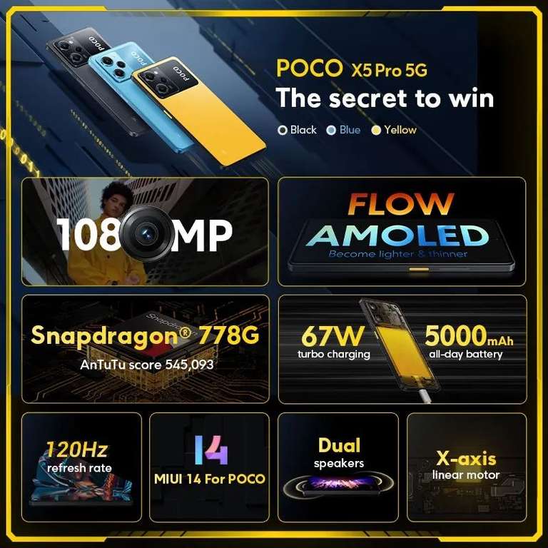 Móvil POCO X5 Pro 5G 128GB (negro, azul y amarillo)