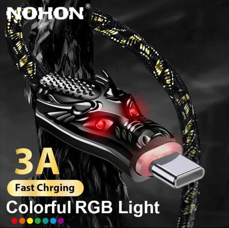 NOHON-Cable de carga rápida con luz LED RGB, Micro USB tipo C, 3A