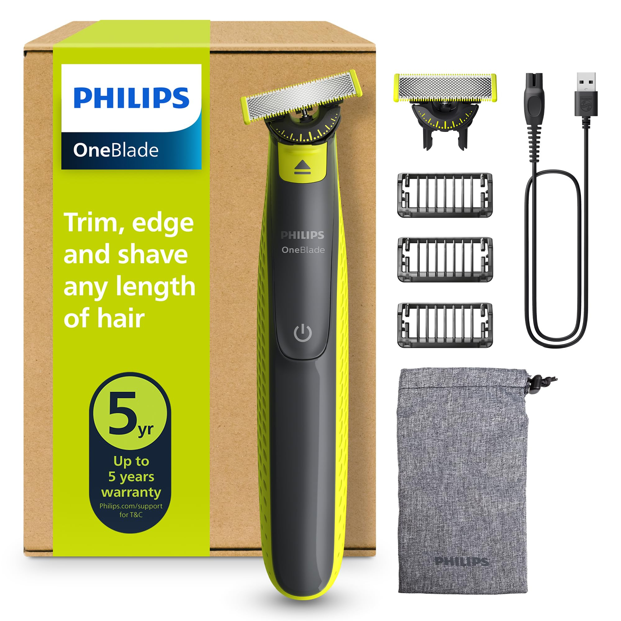 Philips OneBlade 360 Auténtico Recortadora y afeitadora eléctrica para barba, 2 cuchillas 360, 3 peines para barba incipiente (1,3,5 mm)
