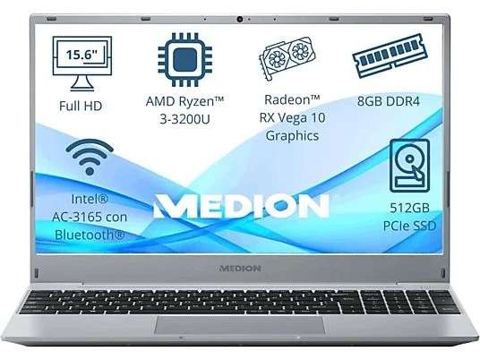 Medion Akoya MD62456, 15.6" Full-HD, AMD Ryzen 3 3200U, 8GB RAM, 512 GB SSD, Radeon RX Vega 10, Sin sistema operativo