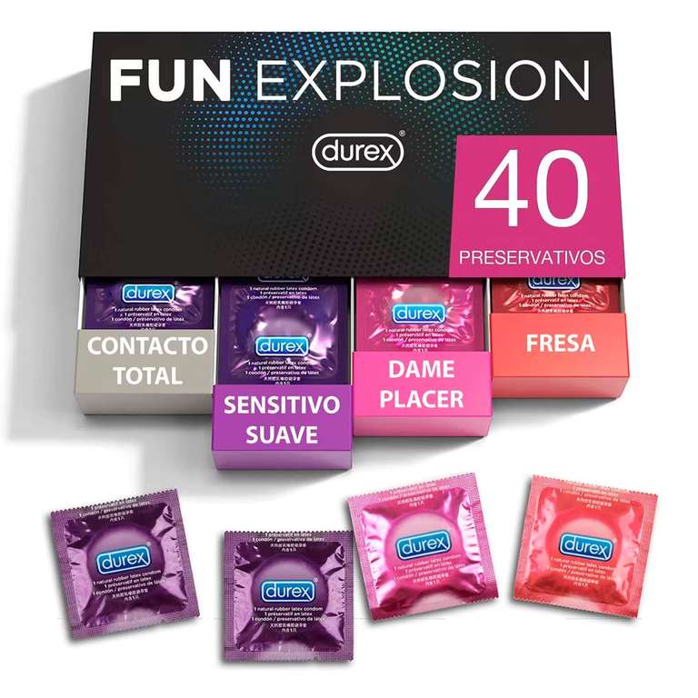 Durex - Fun Explosion, Pack Preservativos Sabor Fresa, Dame Placer y Contacto Total, 40 Condones, 52 y 56 mm [17€ NUEVOS USUARIOS]