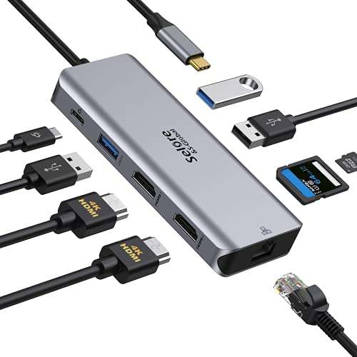 Selore&S-Global | Adaptador USB C con 2 HDMI 4K, Ethernet RJ45, USB 3.0, USB 2.0, PD 100W, Lector de Tarjetas SD/TF