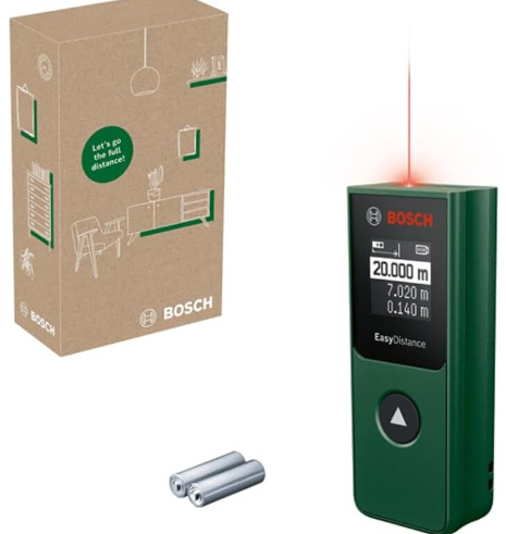 Medidor láser Bosch EasyDistance 20 (Alcance hasta 20m, botón único, pantalla invertida, tamaño bolsillo, pilas incl., en Amazon España)