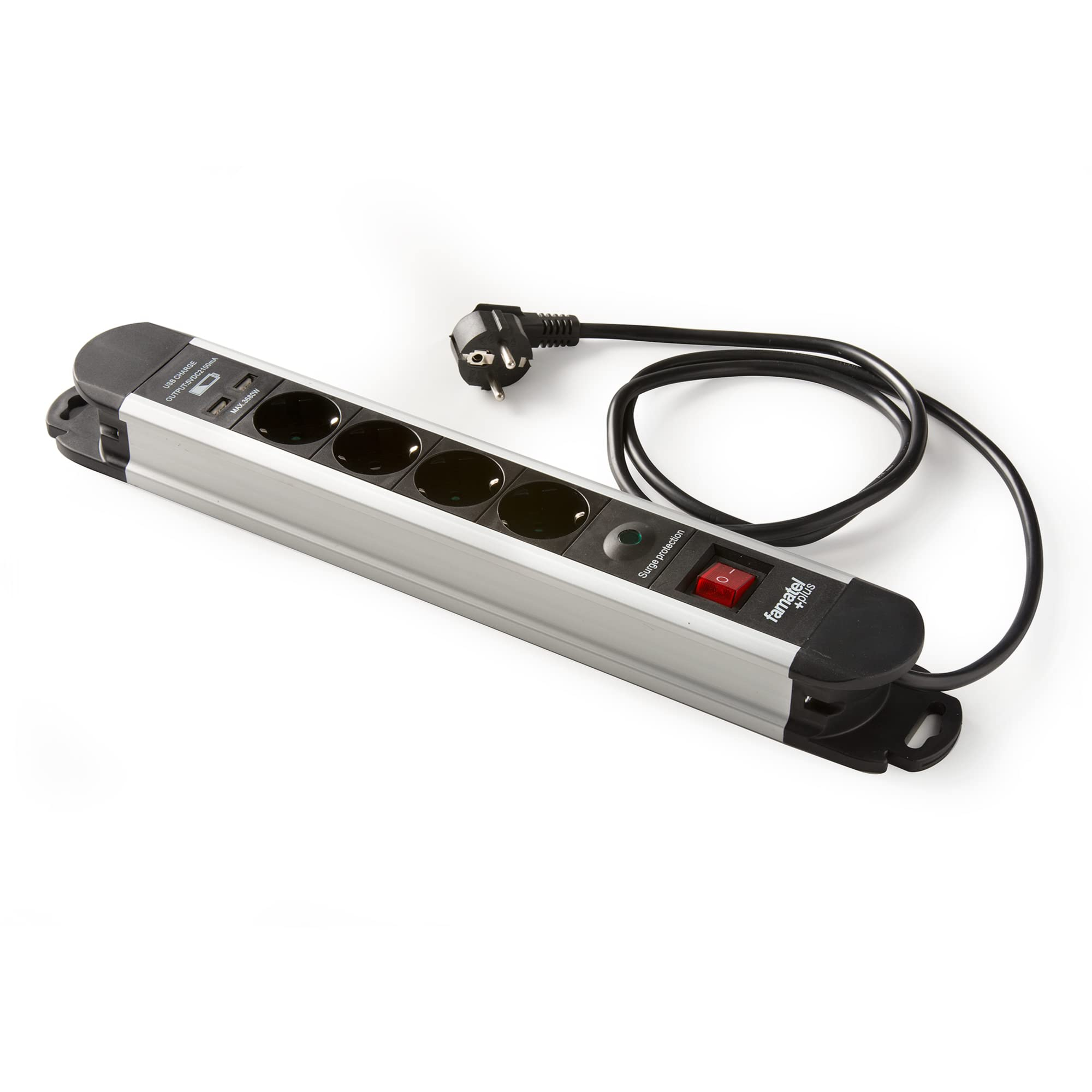 FAMATEL – Regleta aluminio 4 tomas y 2 USB | Enchufes con Interruptor Luminoso | 1,5 Metros | Hasta 3680W | Protección Infantil
