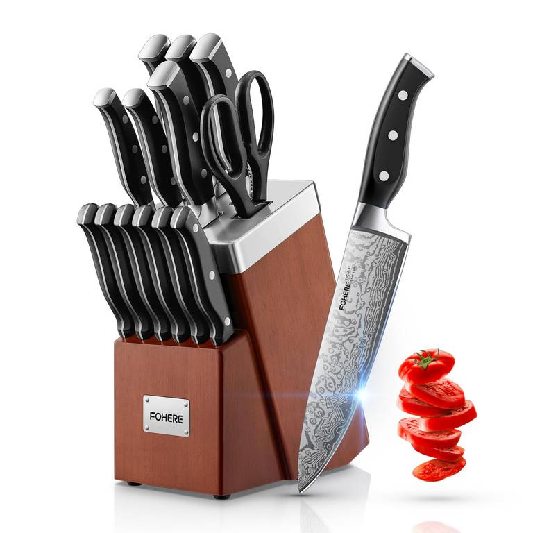 FOHERE Juegos de Cuchillos de Cocina con Auto-afilables, 14 Piezas, Bloque de Cuchillos con Mango Ergonómico y Acero Inoxidable