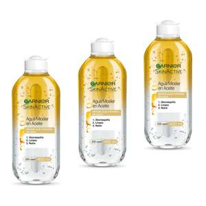 3 x Garnier Skin Active, Agua micelar (piel grasa, en aceite waterproof) - 400 ml [Unidad 2'67€]