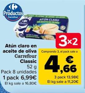 3x2 en atún claro en aceite de oliva Carrefour Classic pack de 8 (4,66€/pack - 11,20€/kg)