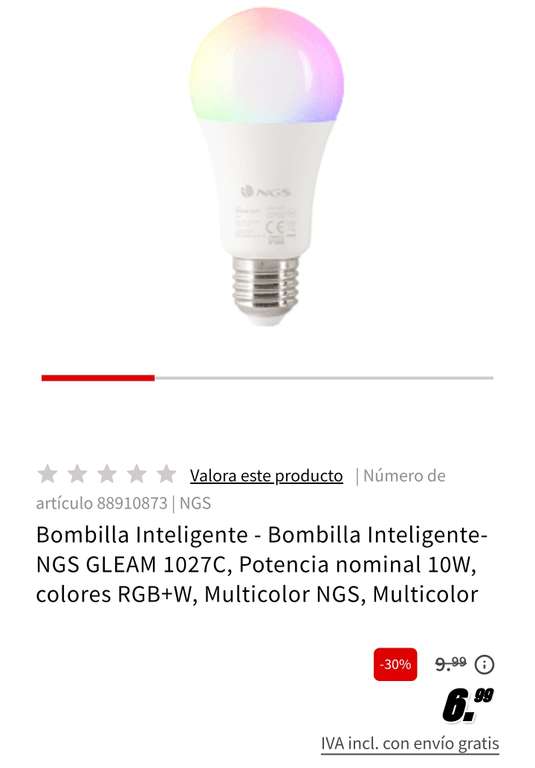 Bombilla Inteligente- NGS GLEAM 1027C, Potencia nominal 10W, colores RGB+W, Multicolor NGS, Multicolor