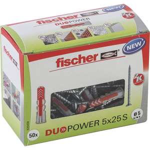 fischer DUOPOWER 5 x 25 S PH, 50 tacos y 50 tornillos universales con tornillo cabeza plana,2 componentes,hormigón, ladrillo, piedra,yeso