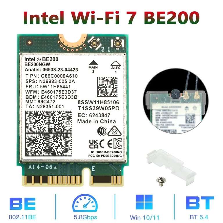 Tarjeta Wi-Fi 7 Intel BE200, Bluetooth 5,4, BE200NGW, 2,4/5/ 6 GHz, 5,8 Gbps,