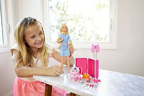 Barbie Muñeca Viajera - Conjunto de Viaje con Maleta Rosa y Perro - Más de 10 Accesorios - Con Pegatinas - Regalo para Niños de 3-7 Años,