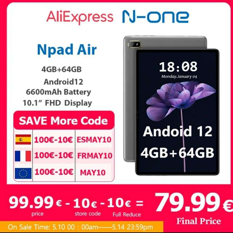 N-one Tablet NPad Air de 10,1 pulgadas, 1920x1200 FHD, IPS, red 4G, 4GB de RAM, 64GB de ROM