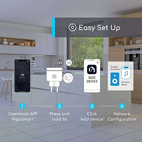 Aigostar Alexa Enchufe Inteligente Wi-Fi, Mini Smart Plug 10A 2300W. Control Remoto App and Voz, Compatible con Alexa y Google Home