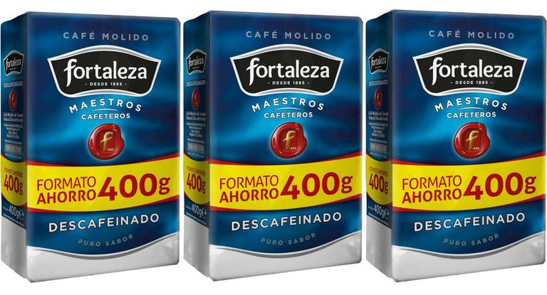 3 paquetes de 400 gramos de café molido descafeinado FORTALEZA (1,2kg en total)