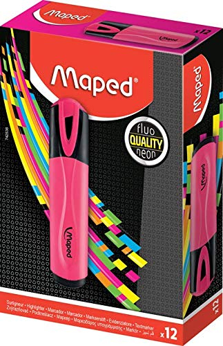 Maped – Caja de 12 rotuladores fluorescentes clásicos, color rosa – Punta biselada para hacer trazos de 1 a 5 mm