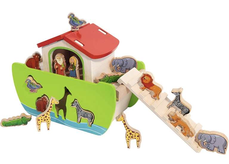 Eichhorn Arca de animales de madera, piezas encajables, 16 figuras, apertura del tejado